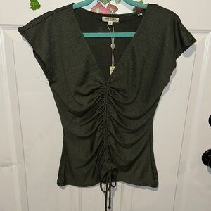 Max Studio Olive Ruched V-Neck Blouse